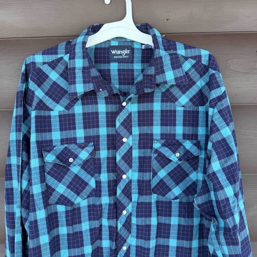 Vntg Wrangler Wrancher Mens Sz 2XL Blue Plaid Long Sleeve Pearl Snaps Western - Picture 3 of 7